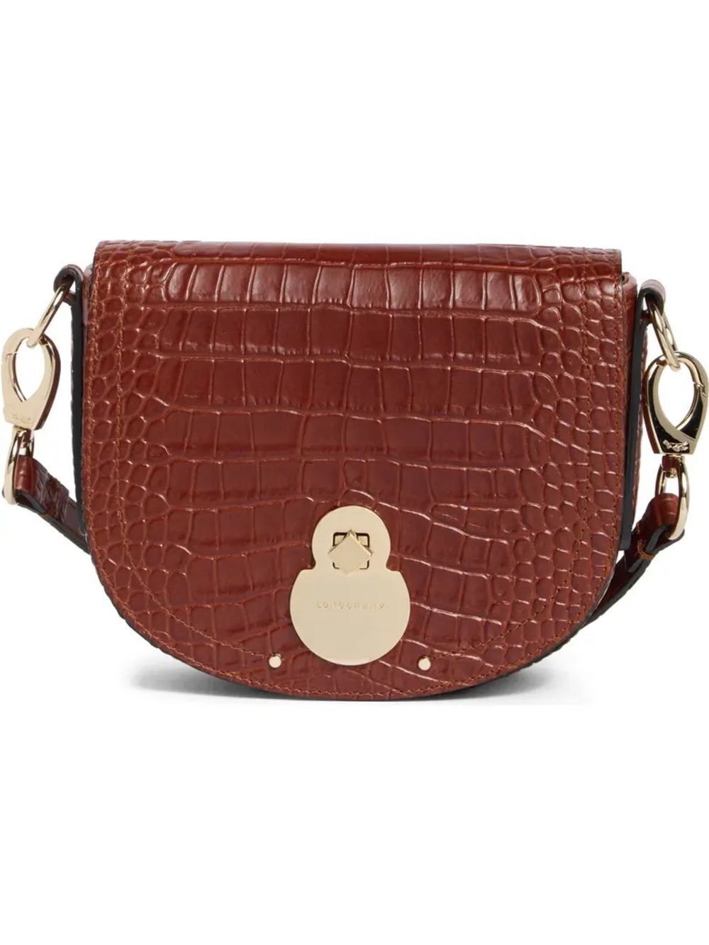 The Longchamp Cavalcade Croc-Embossed Small Saddle Crossbody Bag in Cognac. GUC